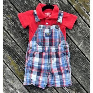 OshKosh B'gosh Baby Boys Red Polo Bodysuit & Plaid Shortalls Set 18M
